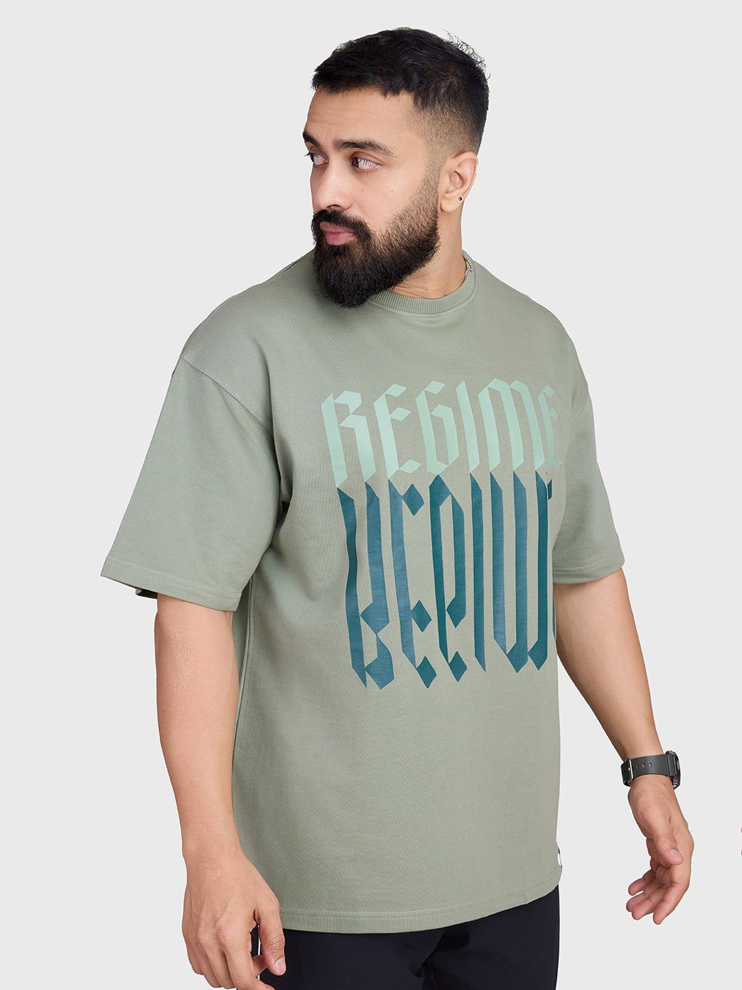

FUAARK Men Typography Printed Round Neck Cotton Oversized T-shirt, Green