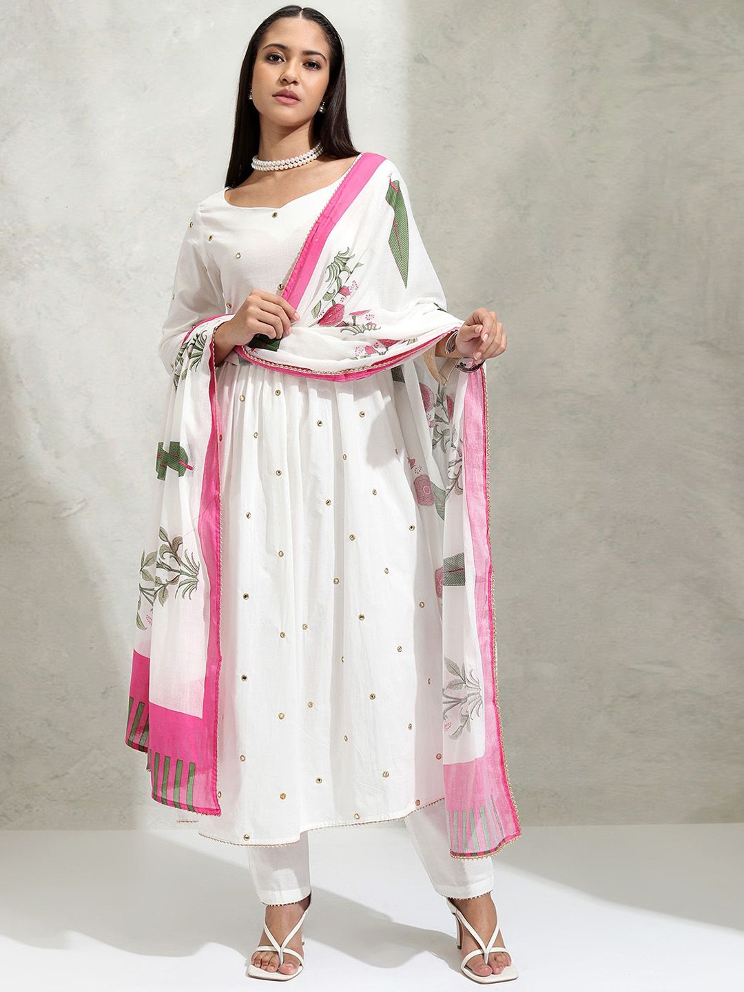 

Vishudh White Embroidered Mirror Work Pure Cotton Anarkali Kurta With Trousers & Dupatta