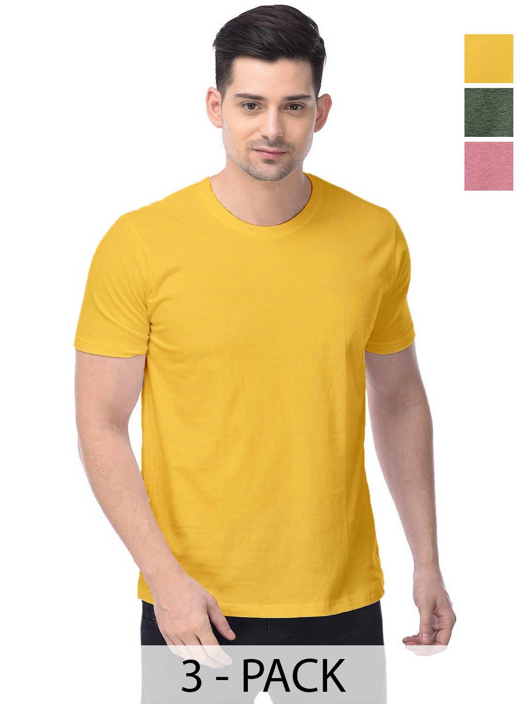 

COLOR CAPITAL Unisex Pack Of 3 Solid Round Neck Cotton T-shirts, Yellow