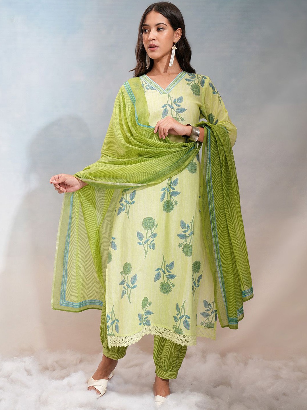 

Vishudh Lime Green Floral Printed V-Neck Pure Cotton Kurta With Salwar & Dupatta