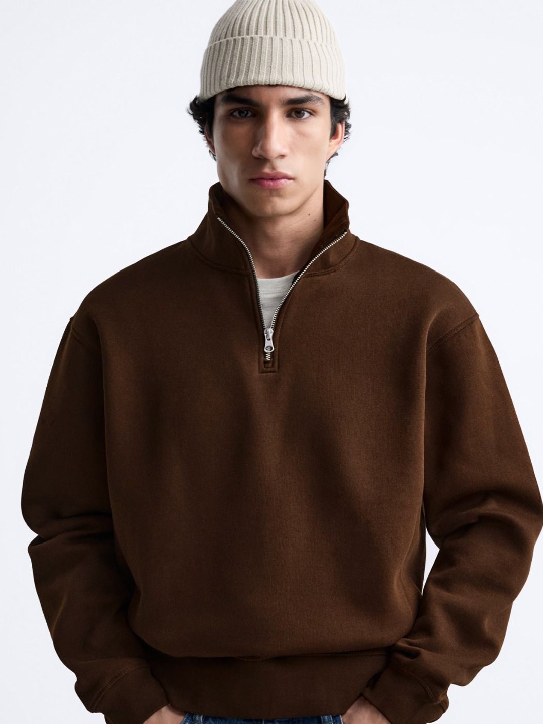 

MISCHIEF MONKEY Men Mock Collar Solid Sweatshirt, Brown