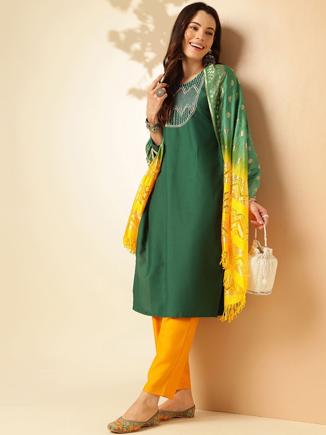 

Anouk Ethnic Motifs Yoke Design Round Neck Thread Work Kurta with Trousers & Dupatta, Green