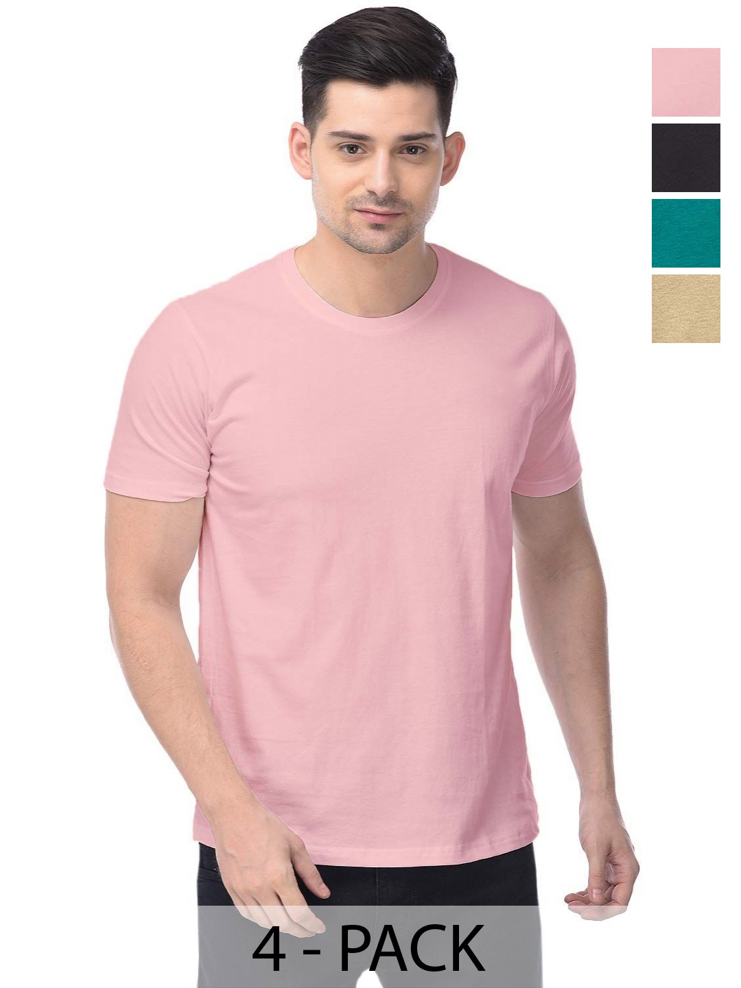 

COLOR CAPITAL Unisex Pack Of 4 Solid Round Neck Cotton T-shirts, Pink