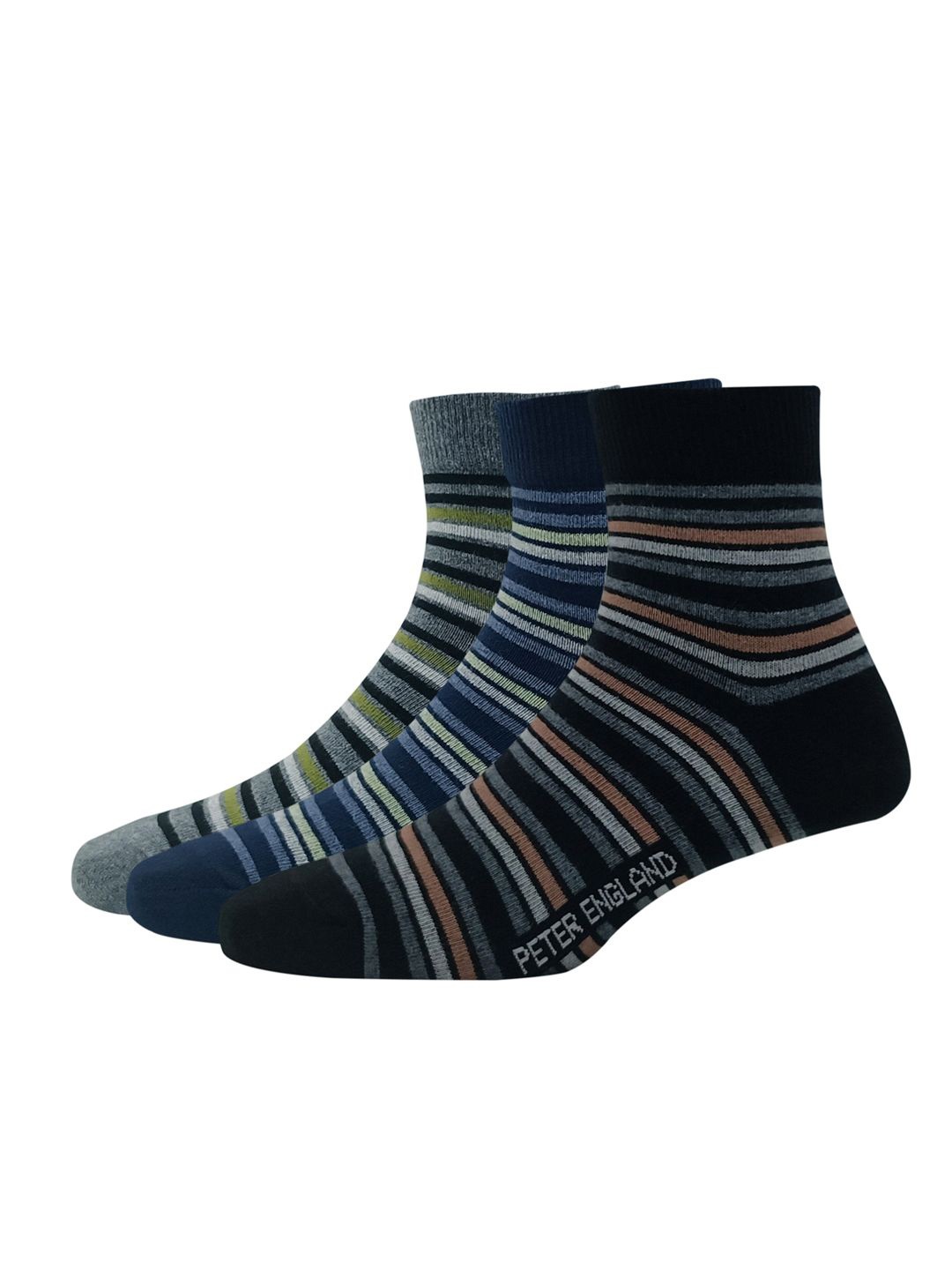 

Peter England Men Pack Of 3 Striped Cotton Quarter Length Socks, Black