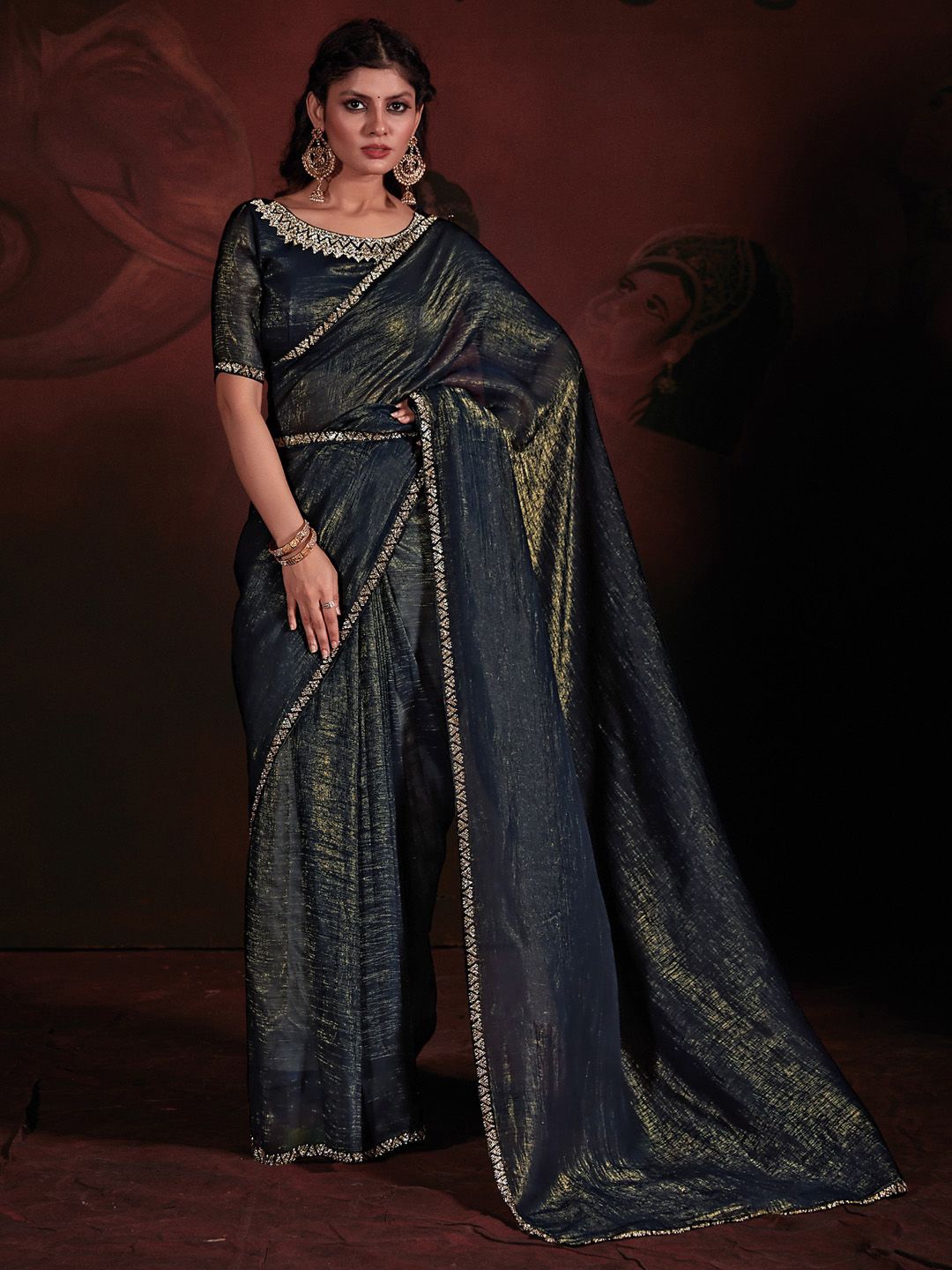 

Anouk Beads and Stones Embellished Solid Saree, Teal