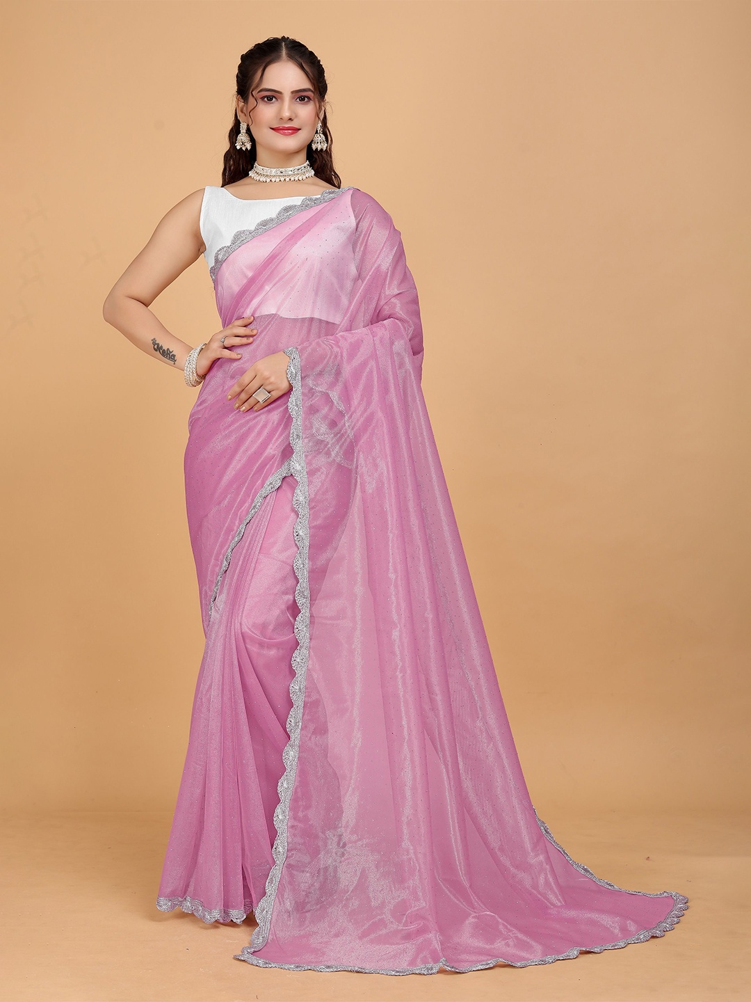 

JSItaliya Embellished Beads and Stones Net Saree, Pink