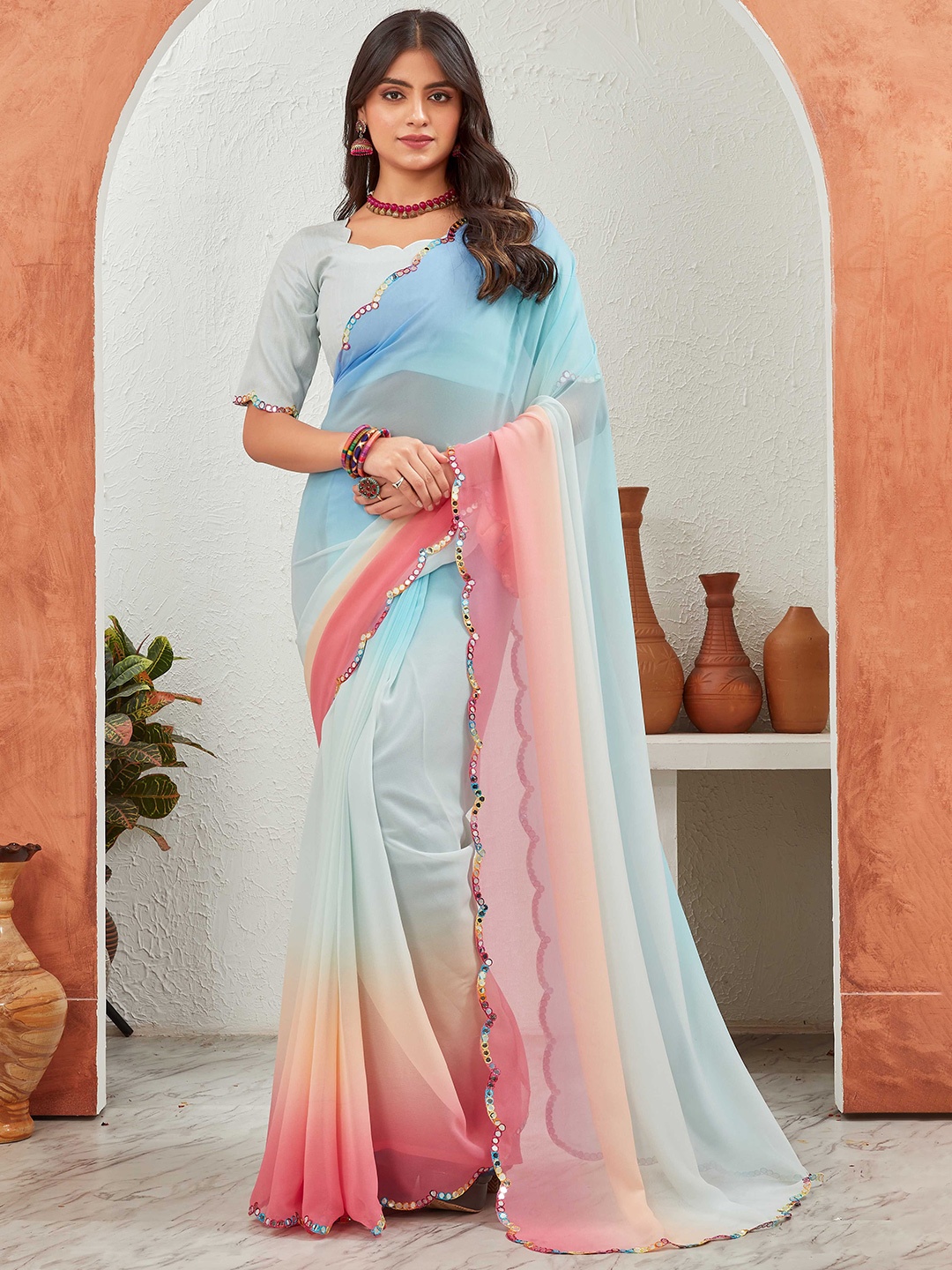 

Globon Impex Ombre Sequinned Pure Georgette Saree, Blue