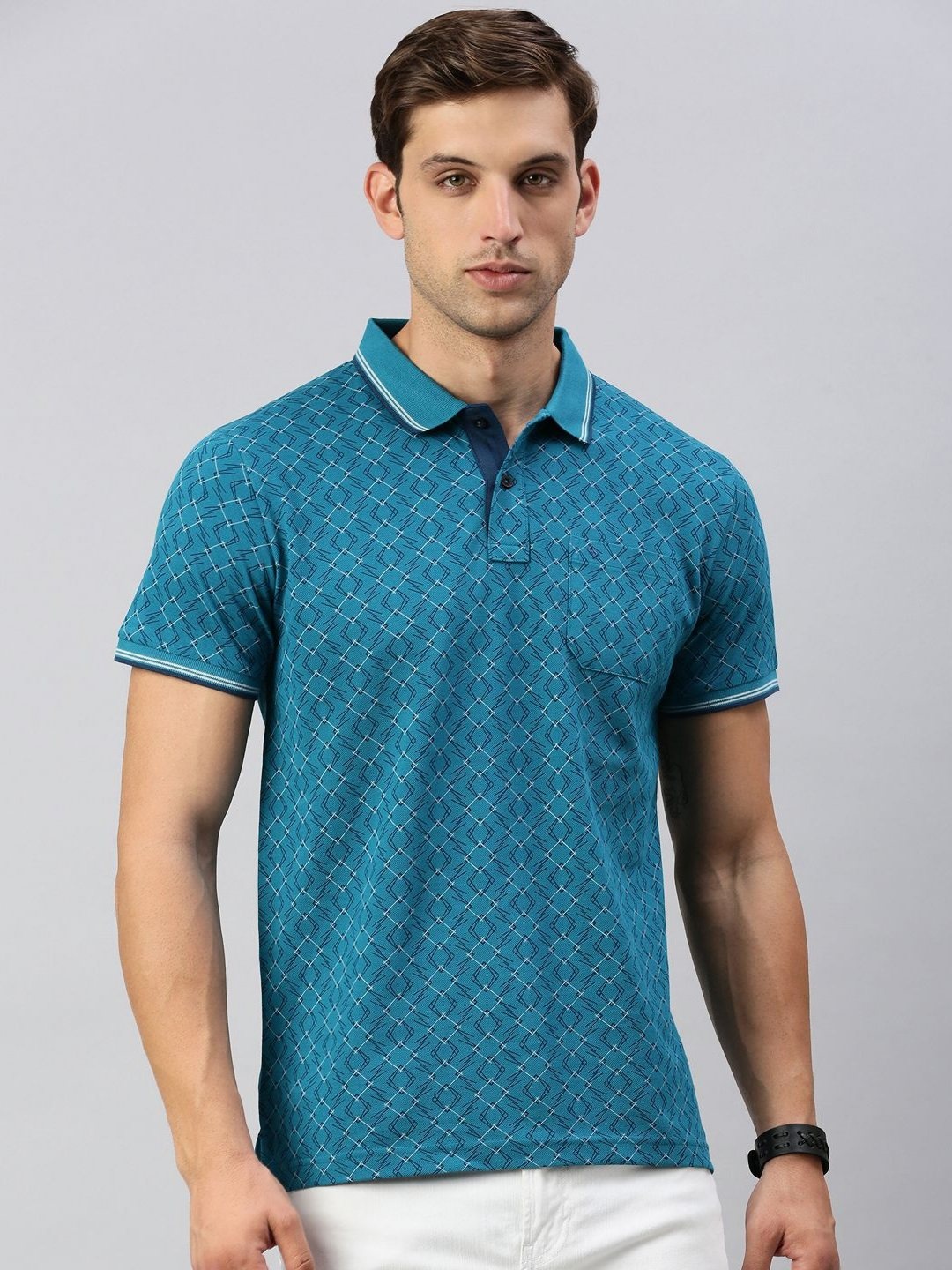 

Classic Polo Men Geometric Printed Polo Collar Cotton Slim Fit T-shirt, Teal