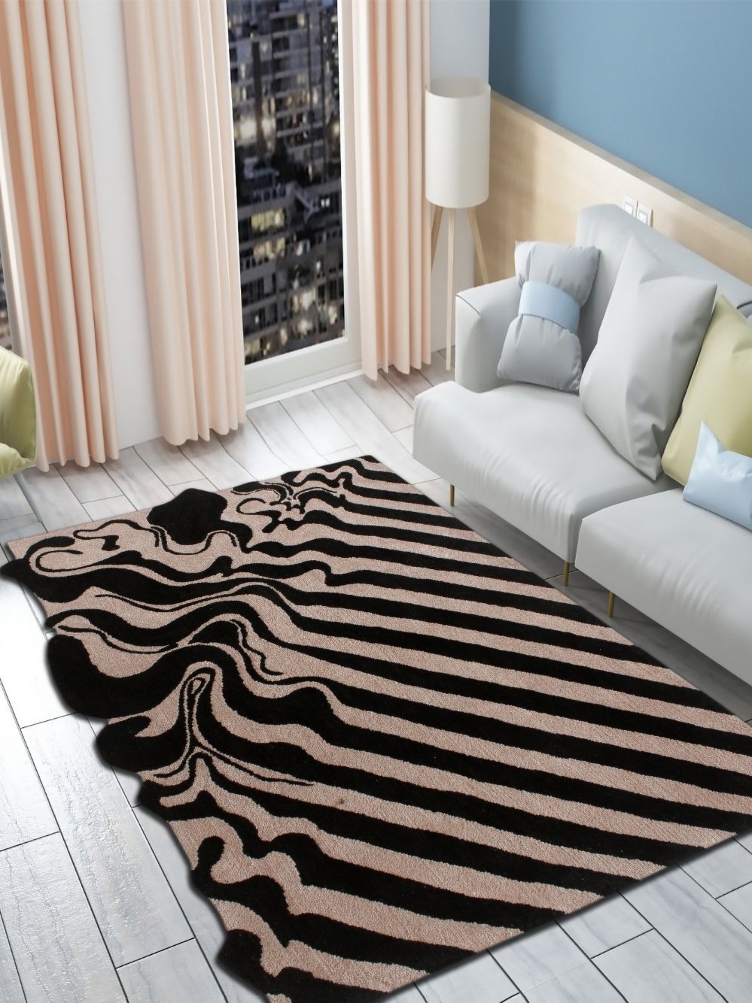 

MULTITEX Black & Cream Geometric Anti-Skid Polyester Carpet