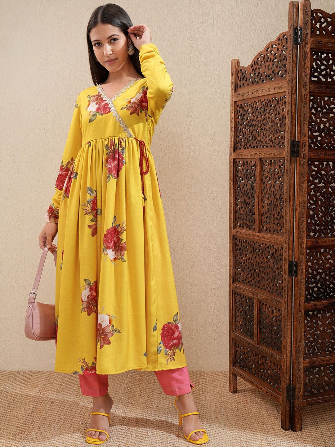 

Vishudh Yellow Floral Printed V-Neck Angrakha Gotta Patti Gathered Anarkali Kurta