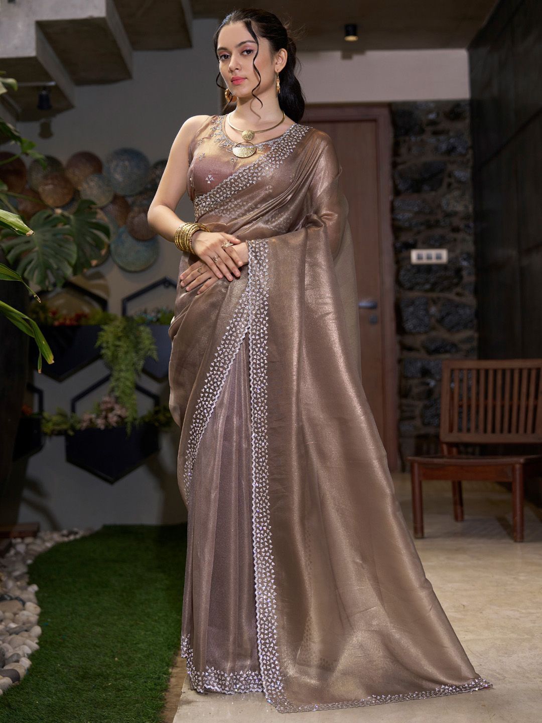 

Anouk Solid Beads and Stones Embellished Organza Saree, Brown