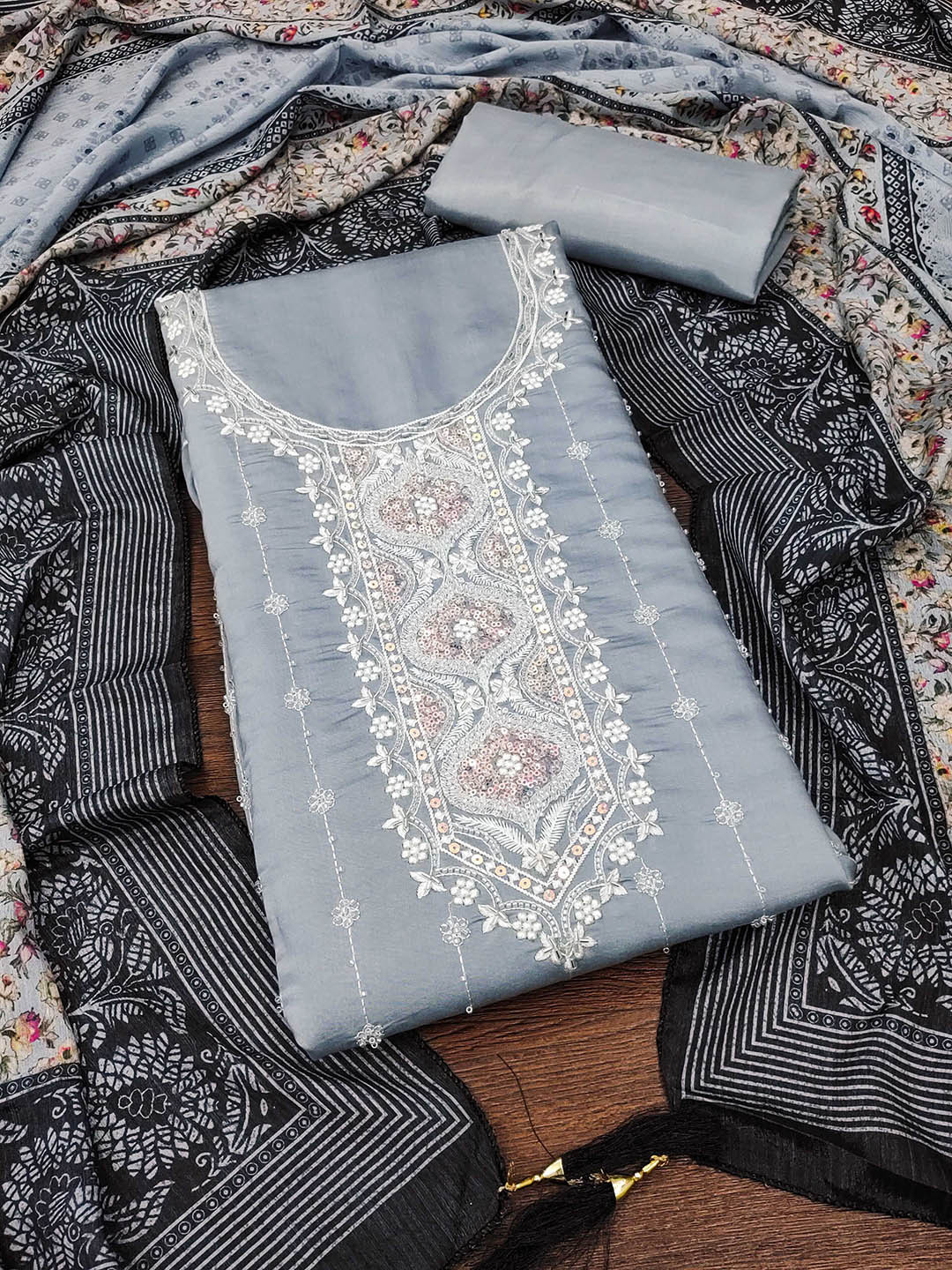 

MANVAA Embroidered Thread Work Unstitched Dress Material, Grey