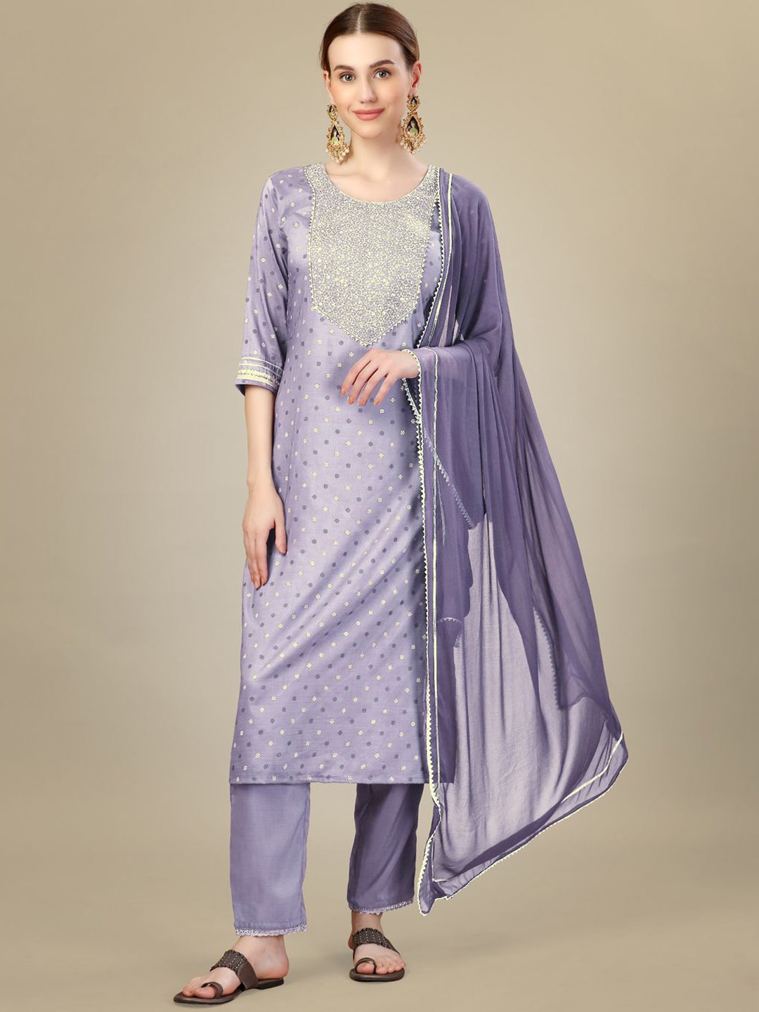 

WILNERCROWN Floral Embroidered Round Neck Sequinned Kurta With Trousers & Dupatta, Lavender
