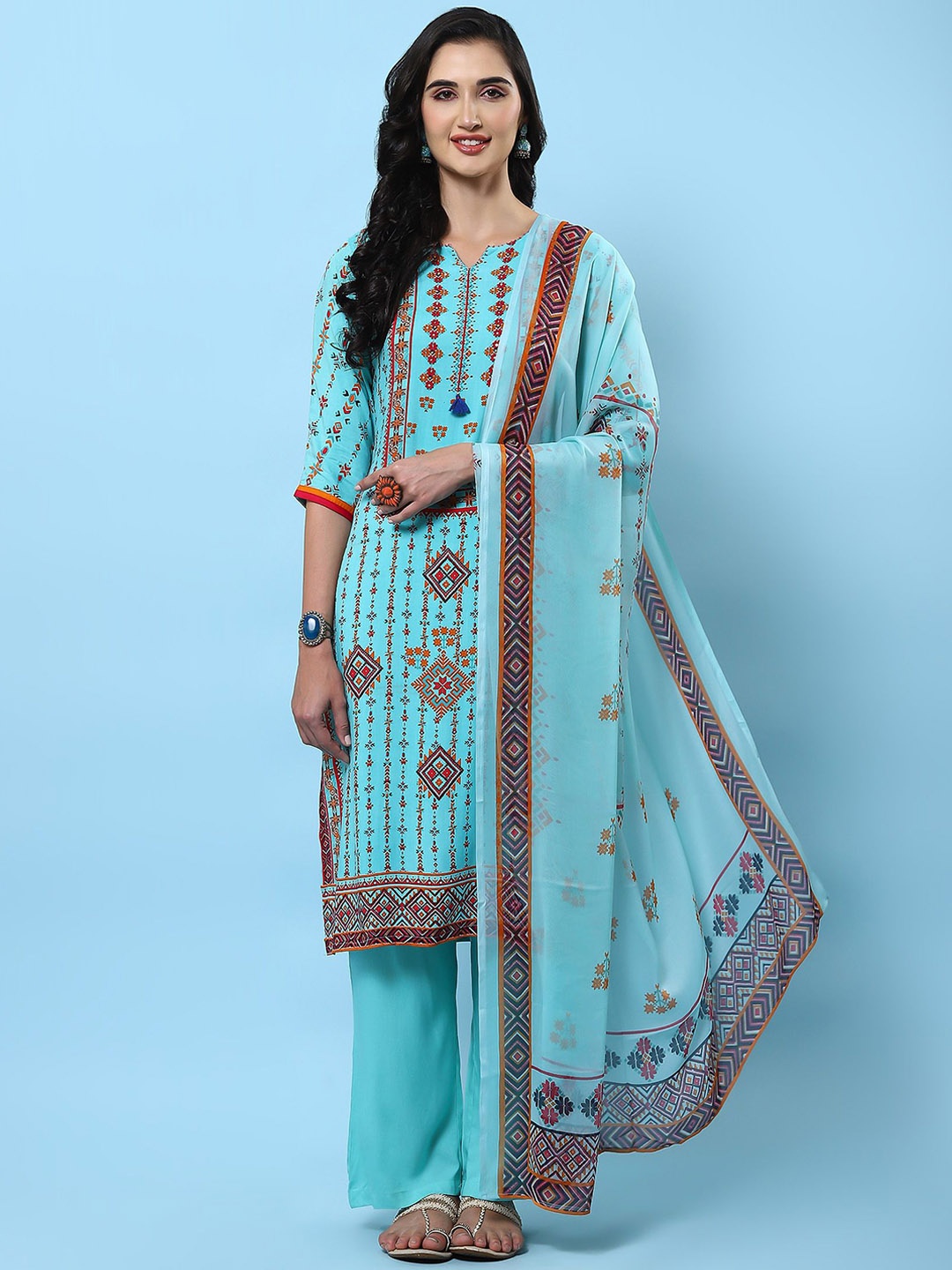 

Shree Geometric Printed Straight Kurta with Trousers & Dupatta, Turquoise blue