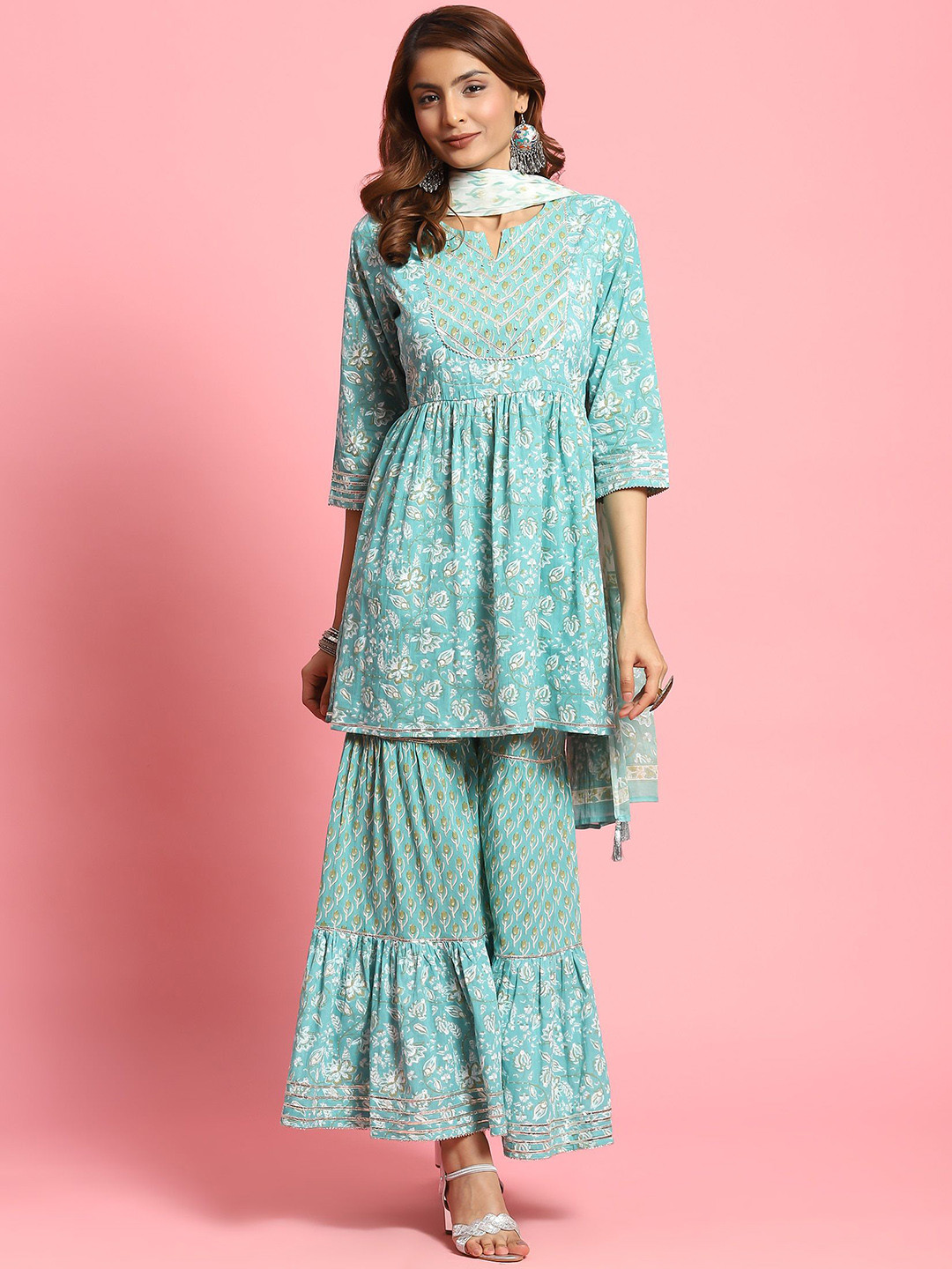 

Shree Floral Printed Pleated Pure Cotton A-Line Kurta & Sharara With Dupatta, Turquoise blue