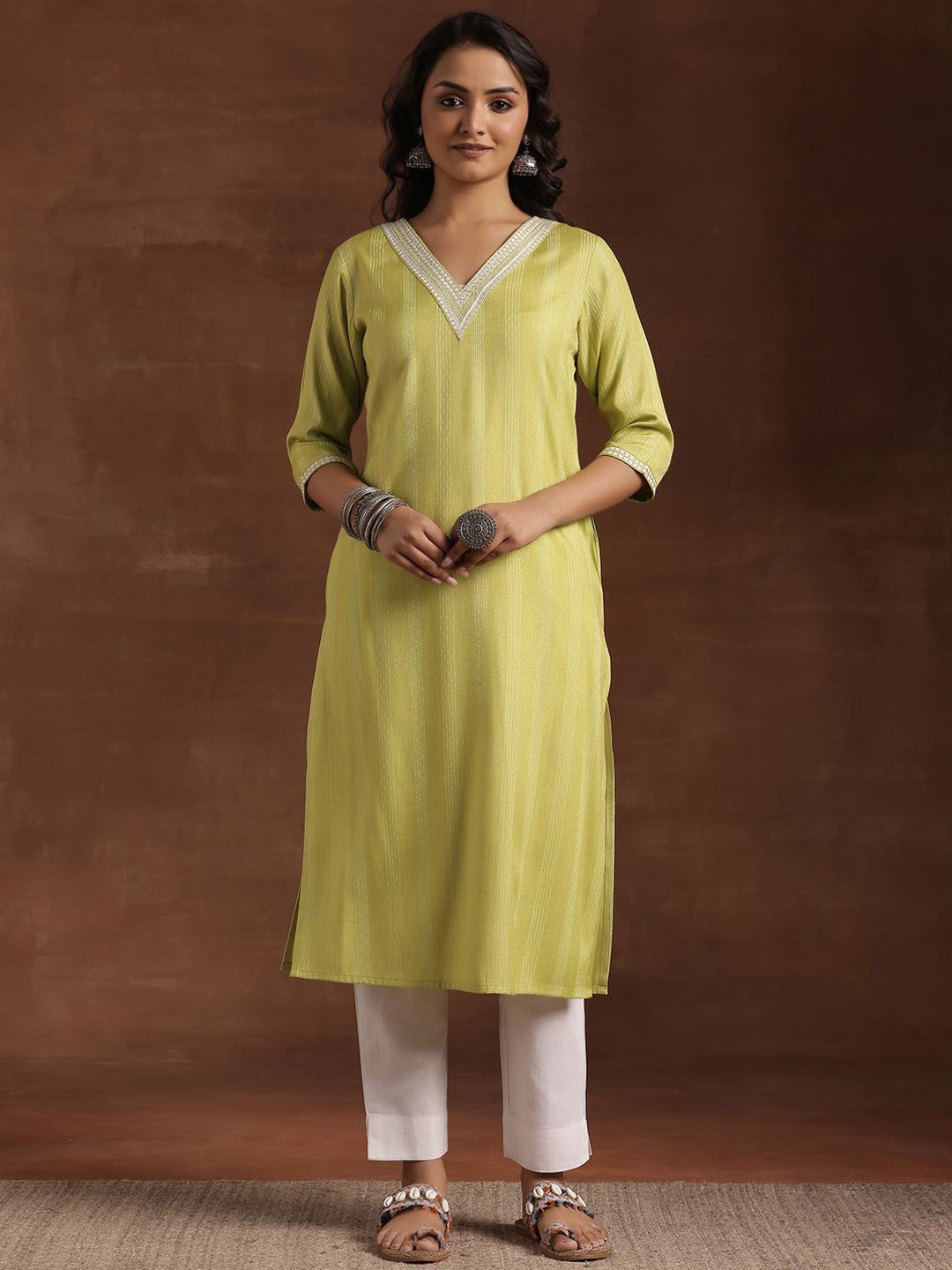 

Libas Striped V-Neck Thread Work Dobby Straight Kurta, Lime green