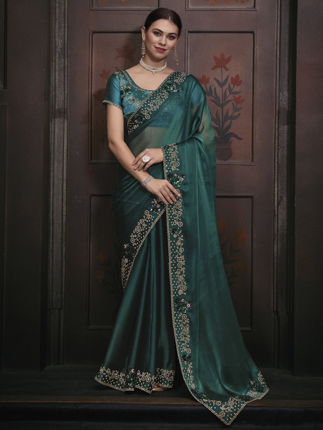

Anouk Beads and Stones Embellished Saree with blouse piece, Teal