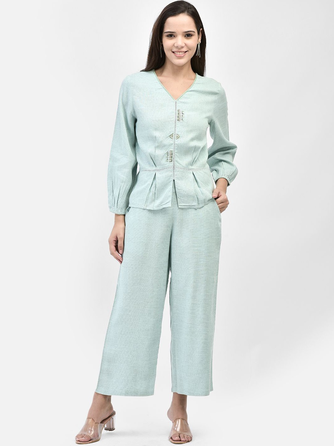 

FUTURO V-Neck Puff Sleeves Top & Trouser, Green