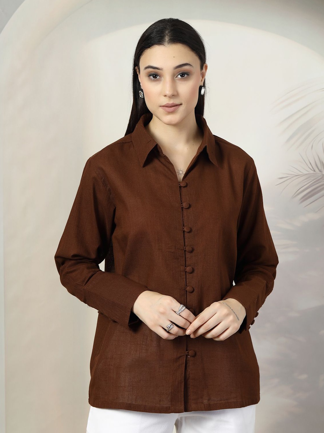 

plusS Women Standard Spread Collar Solid Cotton Casual Shirt, Brown