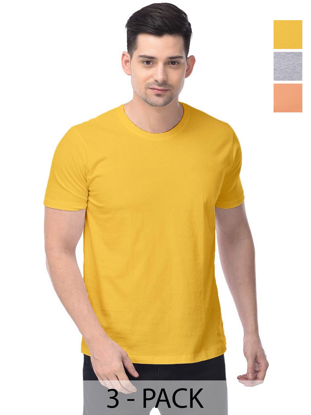 

COLOR CAPITAL Unisex Pack Of 3 Solid Round Neck Cotton T-shirts, Yellow