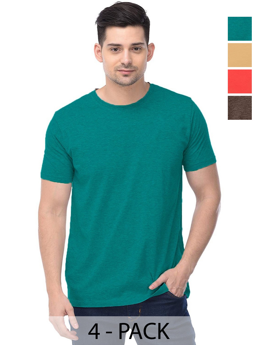 

COLOR CAPITAL Unisex Pack Of 4 Solid Round Neck Cotton T-shirts, Olive