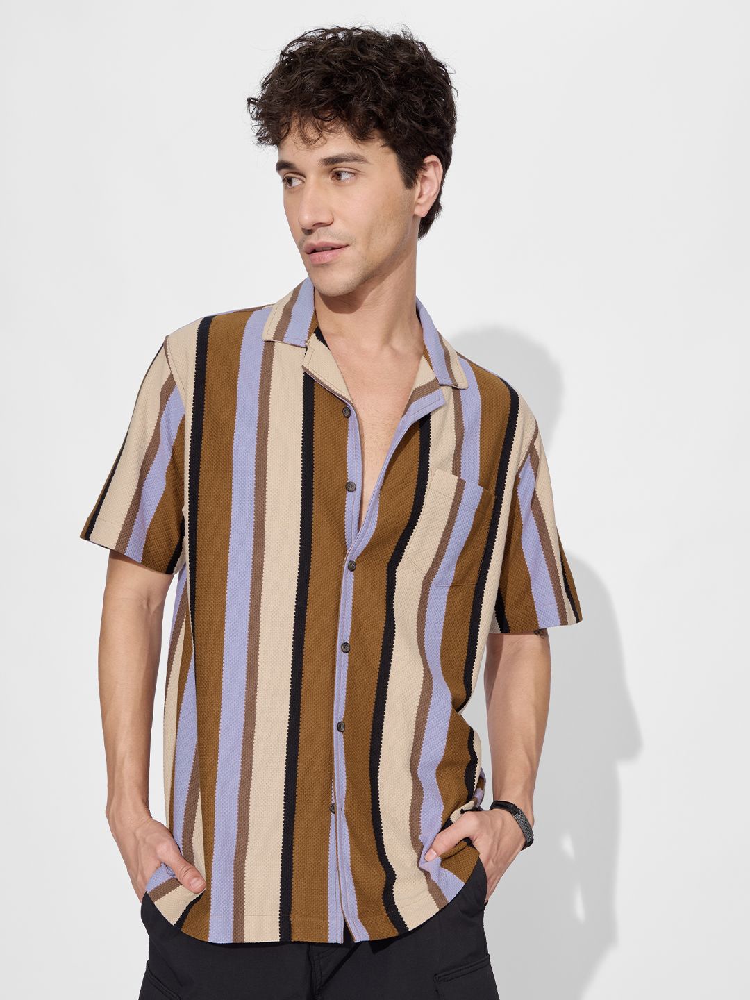 

The Souled Store Men Cuban Collar Striped Cotton Casual Shirt, Multi