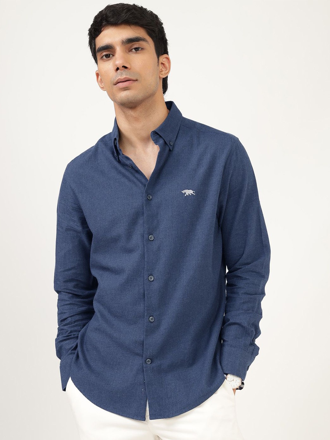 

Andamen Men Premium Button-Down Collar Solid Cotton Casual Shirt, Navy blue