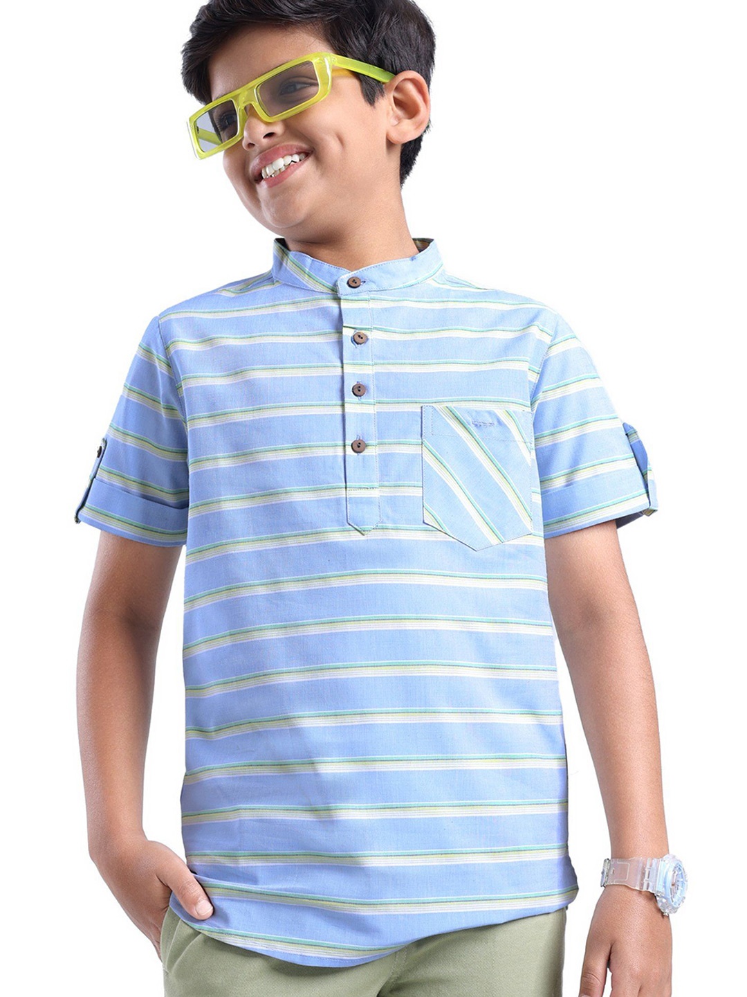 

ARIAS By LARA DUTTA Boys Band Collar Striped Cotton Casual Shirt, Blue