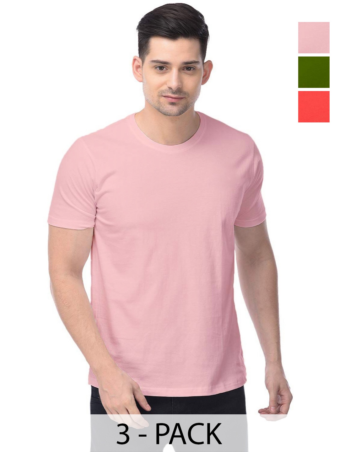 

COLOR CAPITAL Unisex Pack Of 3 Solid Round Neck Cotton T-shirts, Pink
