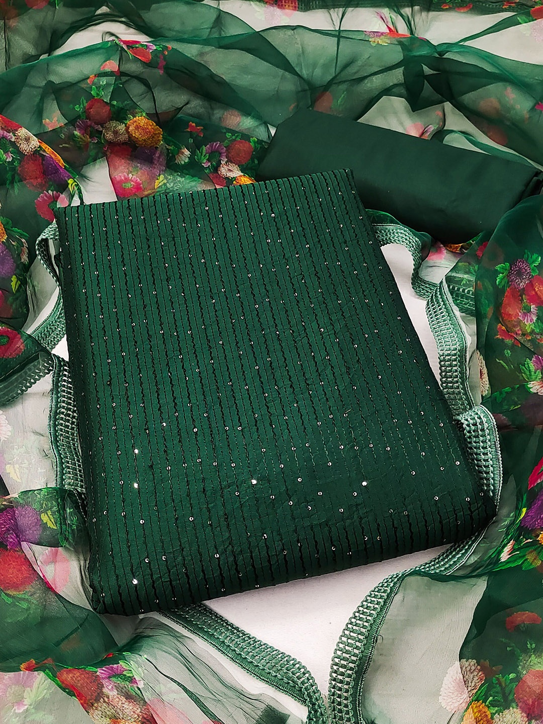 

MANVAA Embroidered Sequinned Unstitched Dress Material, Green