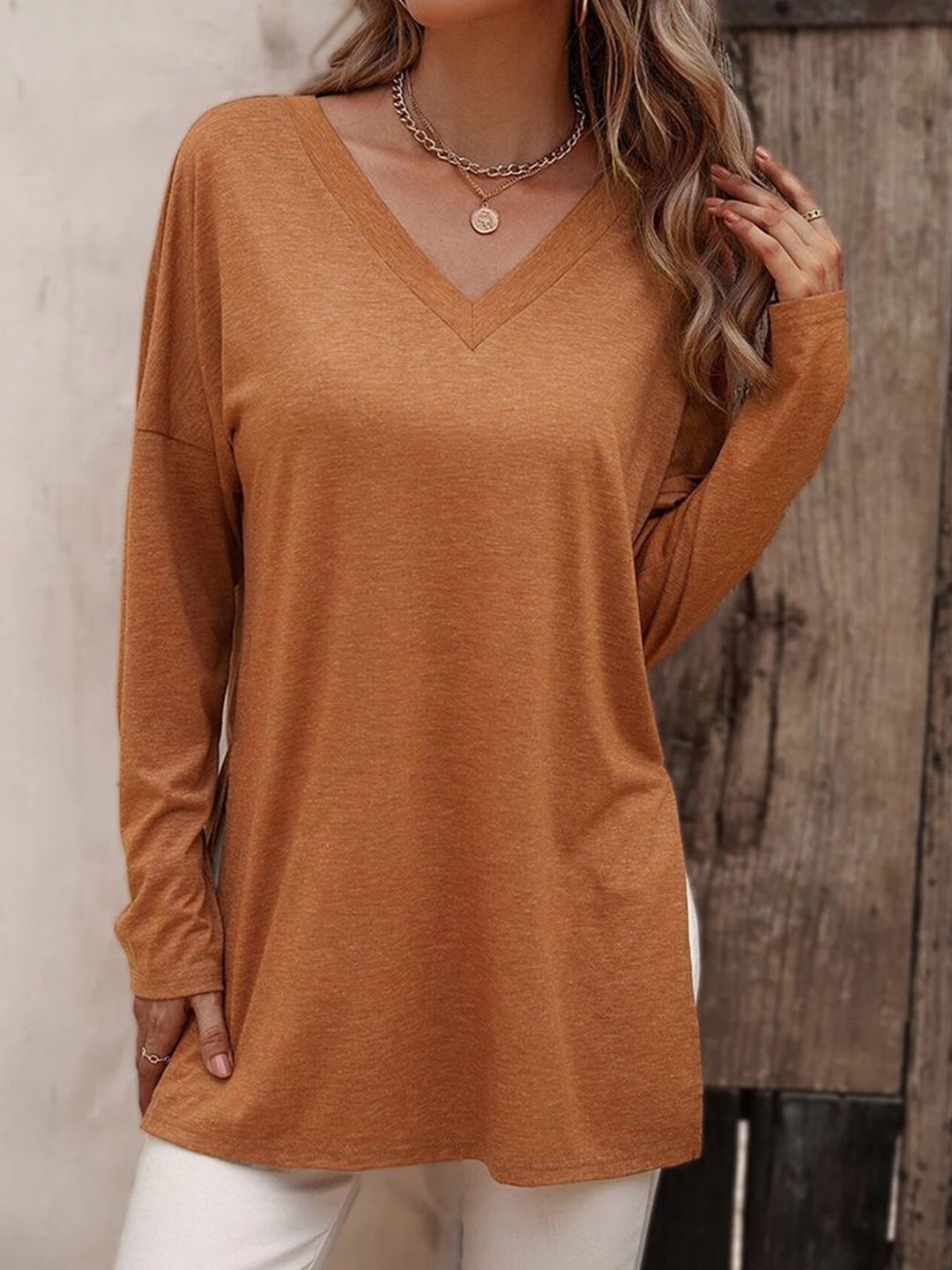 

StyleCast Women Solid V-Neck Cotton Top, Rust