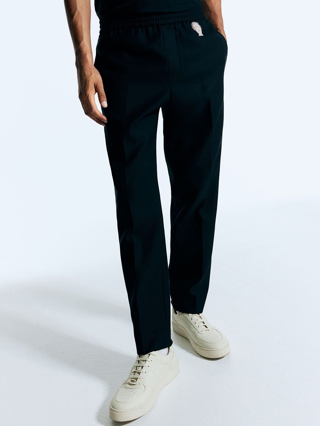 

H&M Embroidered Wool Pull-On Trousers, Black