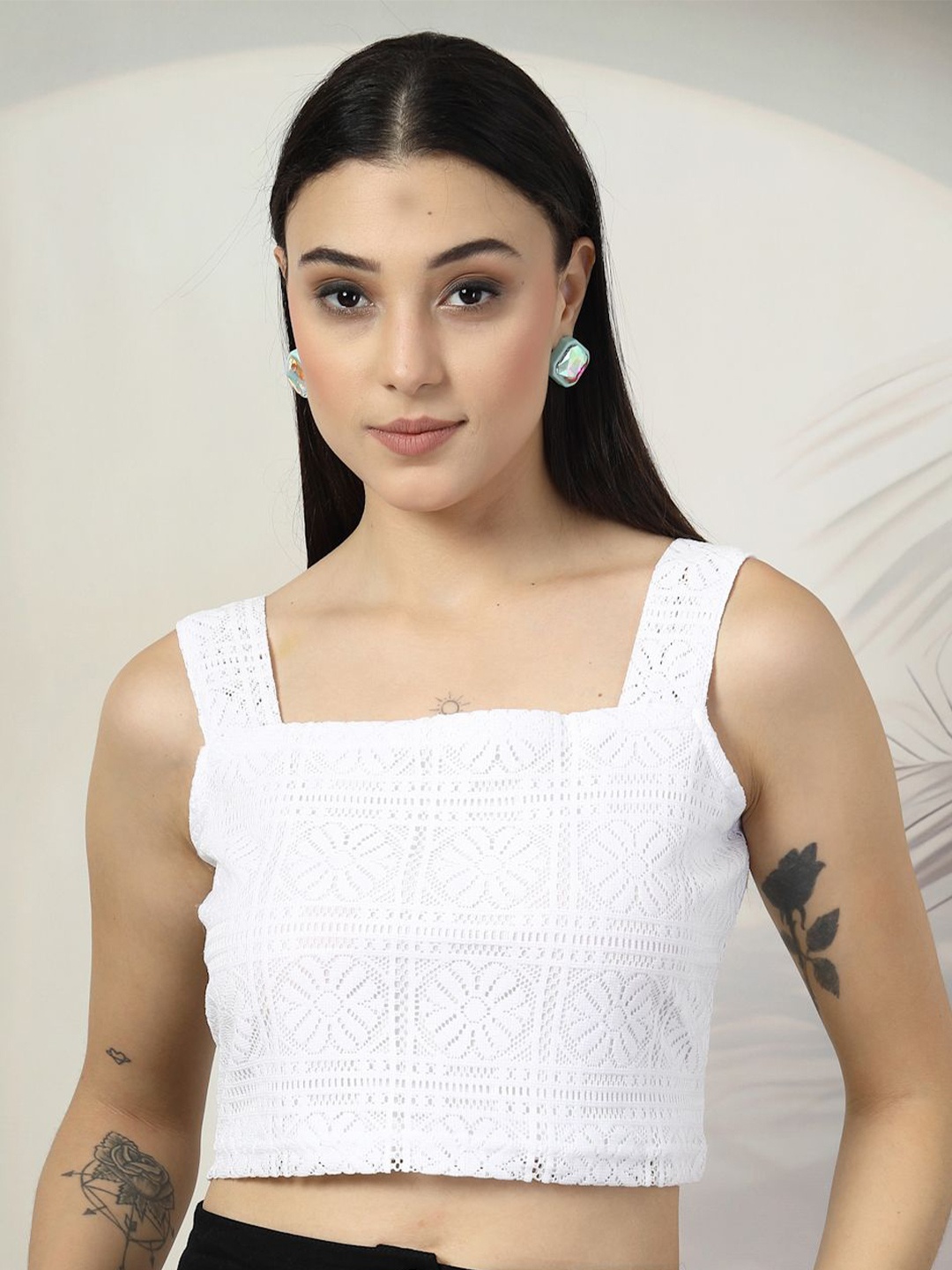 

plusS Women Self Design Crochet Square Neck Cotton Top, White
