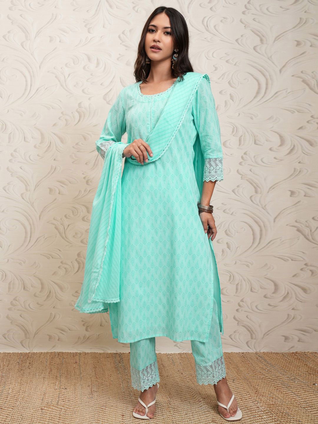 

Vishudh Turquoise Blue Floral Printed Round Neck Pure Cotton Kurta With Trousers & Dupatta