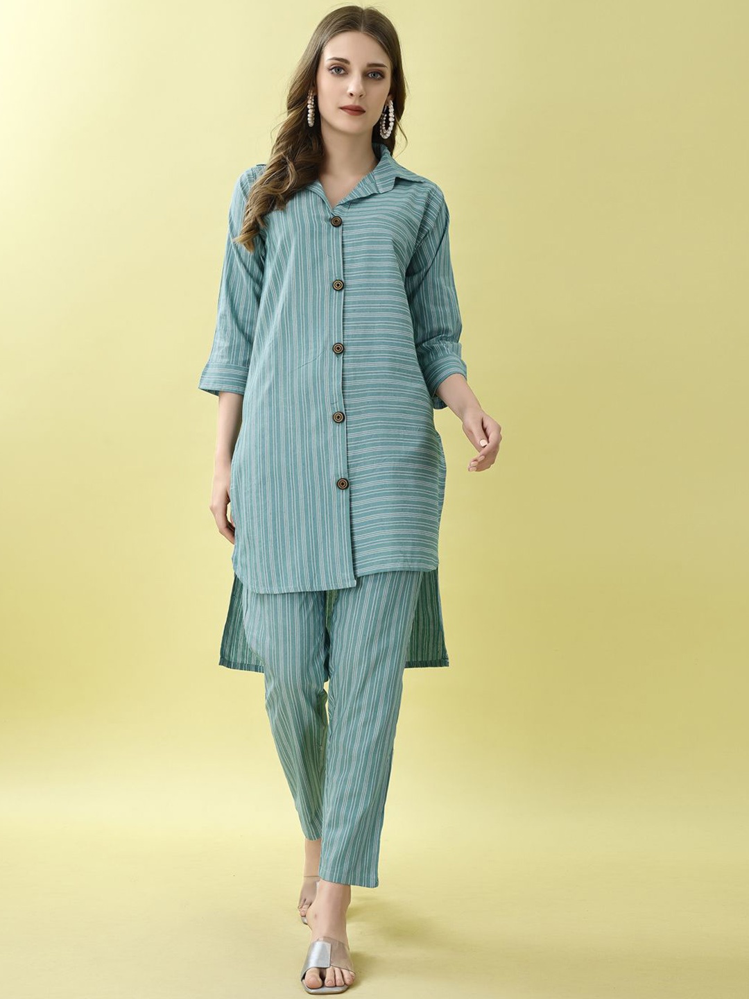 

WILNERCROWN Striped Cotton Tunic With Trousers, Green