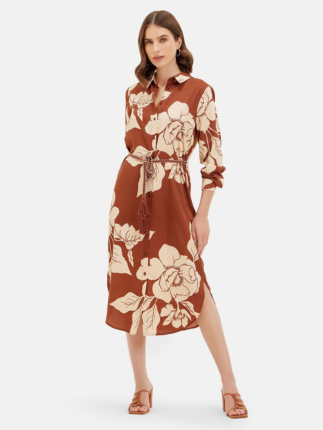 

Kazo Floral Printed Crepe Shirt Collar Shirt Midi Dress, Brown
