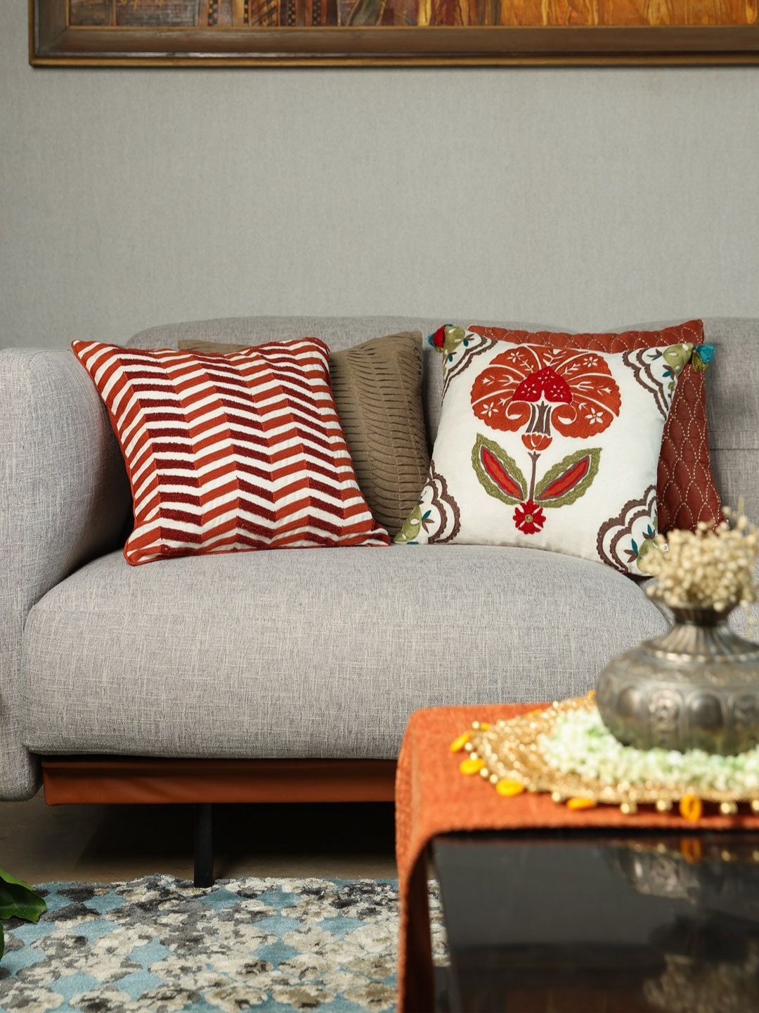 

ONSETHOMES raunak Rust & White Embroidered Square Cushion Covers