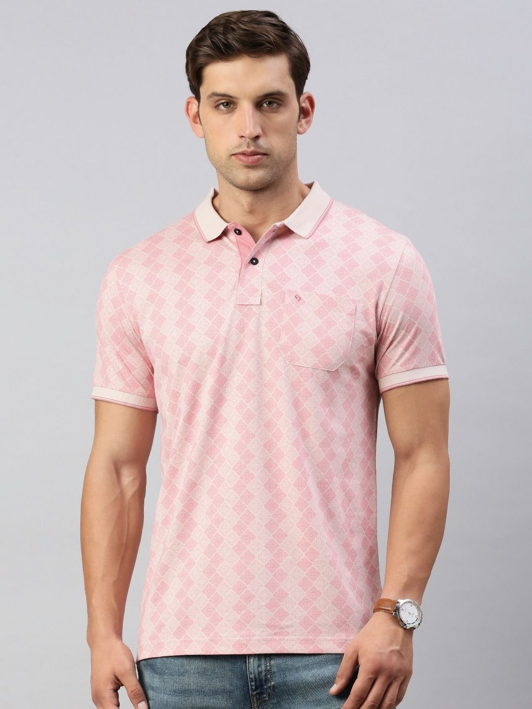

Classic Polo Men Geometric Printed Polo Collar Cotton Slim Fit T-shirt, Pink