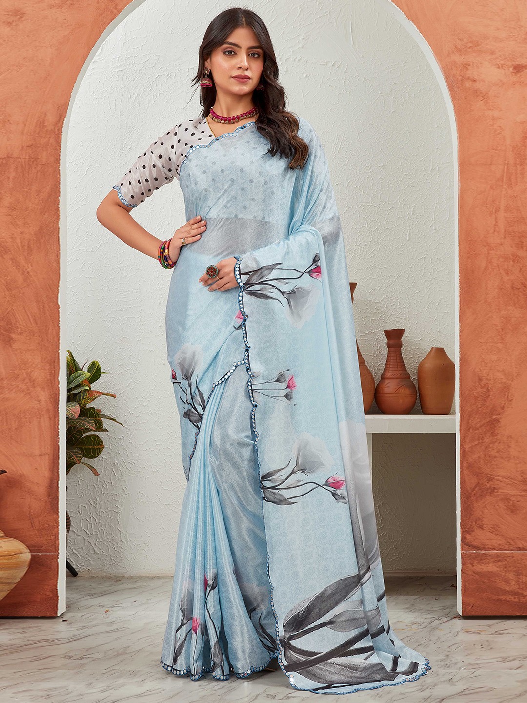 

Globon Impex Women Floral printed Mirror Work Pure Chiffon Saree, Blue
