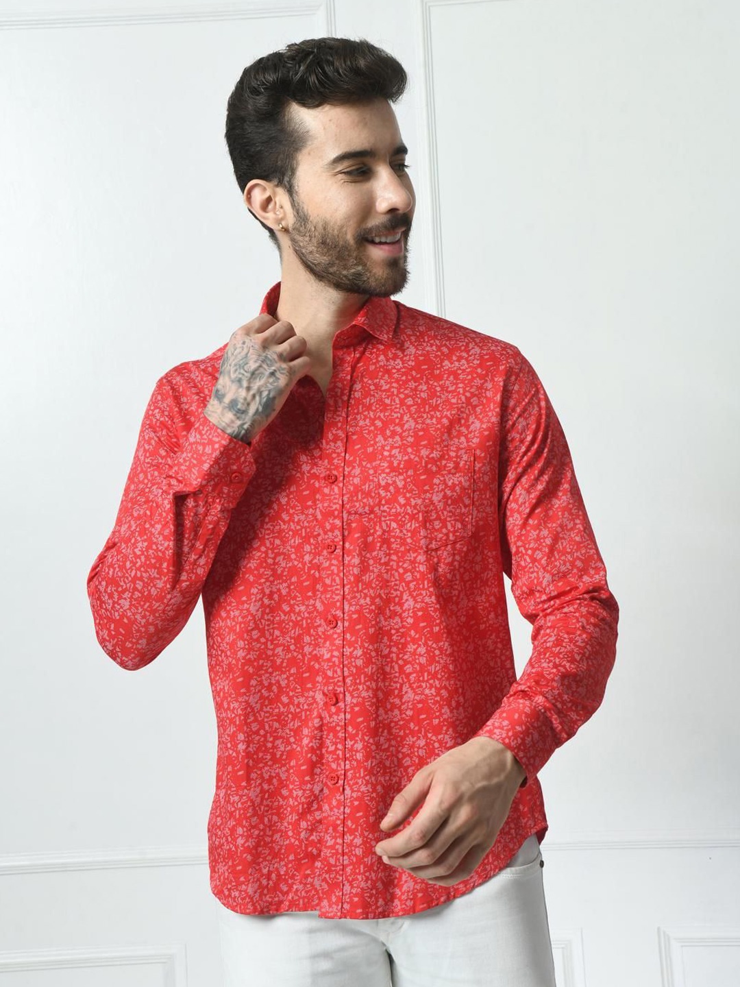 

PEBCO Men Classic Spread Collar Abstract Printed Cotton Slim Fit Casual Shirt, Red