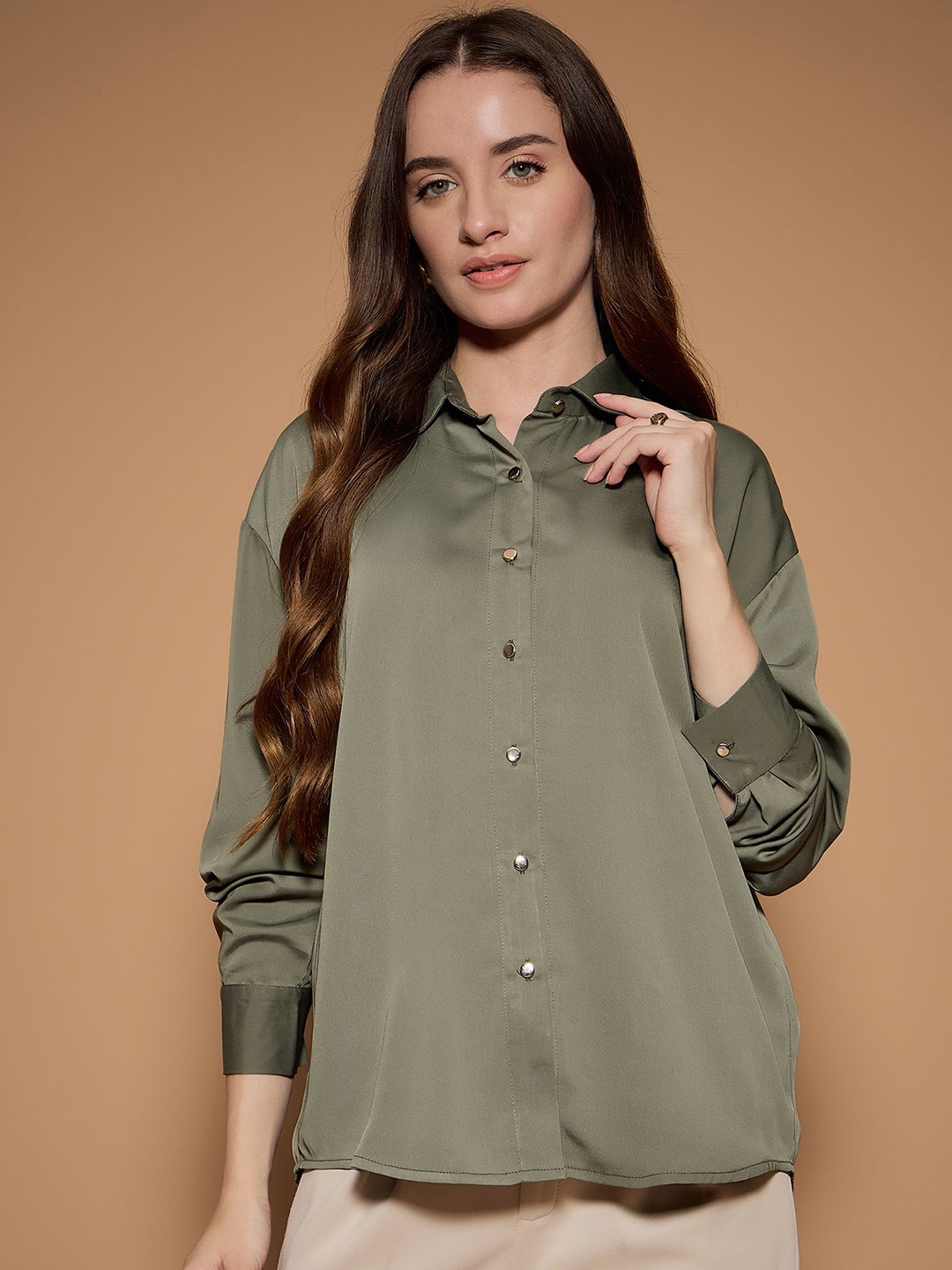 

KASSUALLY Women Standard Spread Collar Solid Casual Shirt, Olive