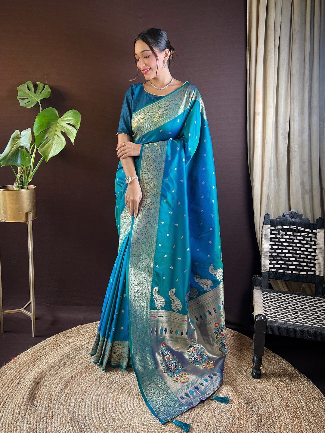 

Divyadham Textiles Ethnic Motifs Zari Pure Silk Paithani Saree, Turquoise blue