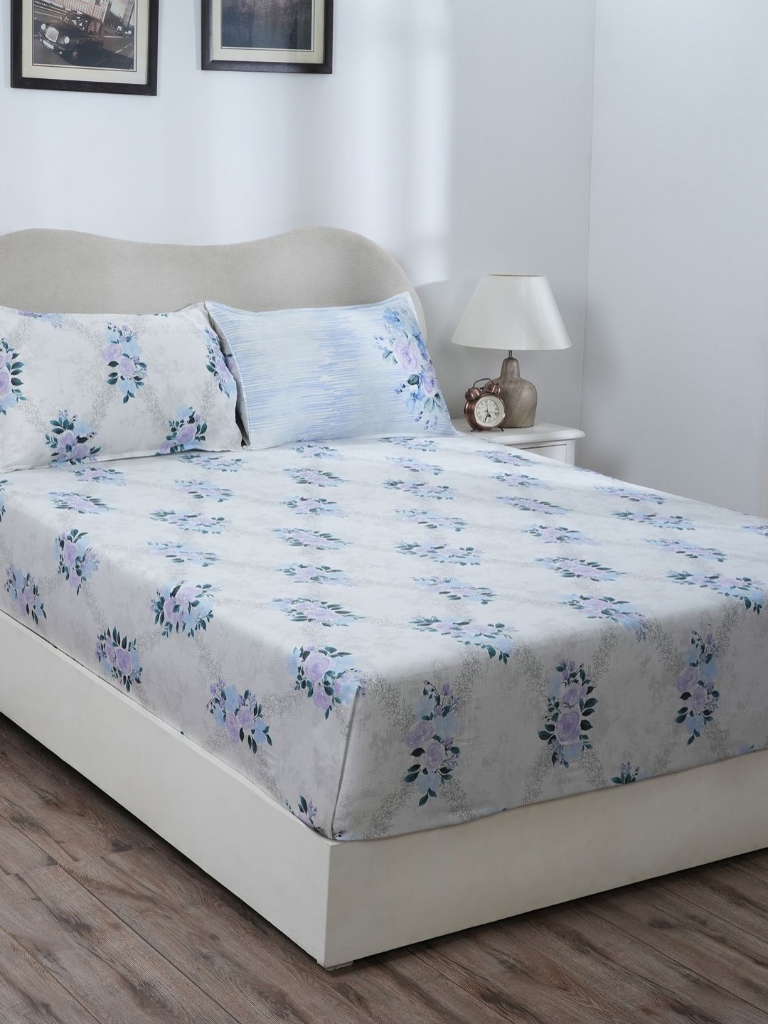 

MASPAR Eclectic Garden Blue Floral Printed 300TC Pure Cotton Single Fitted Bedsheet Set