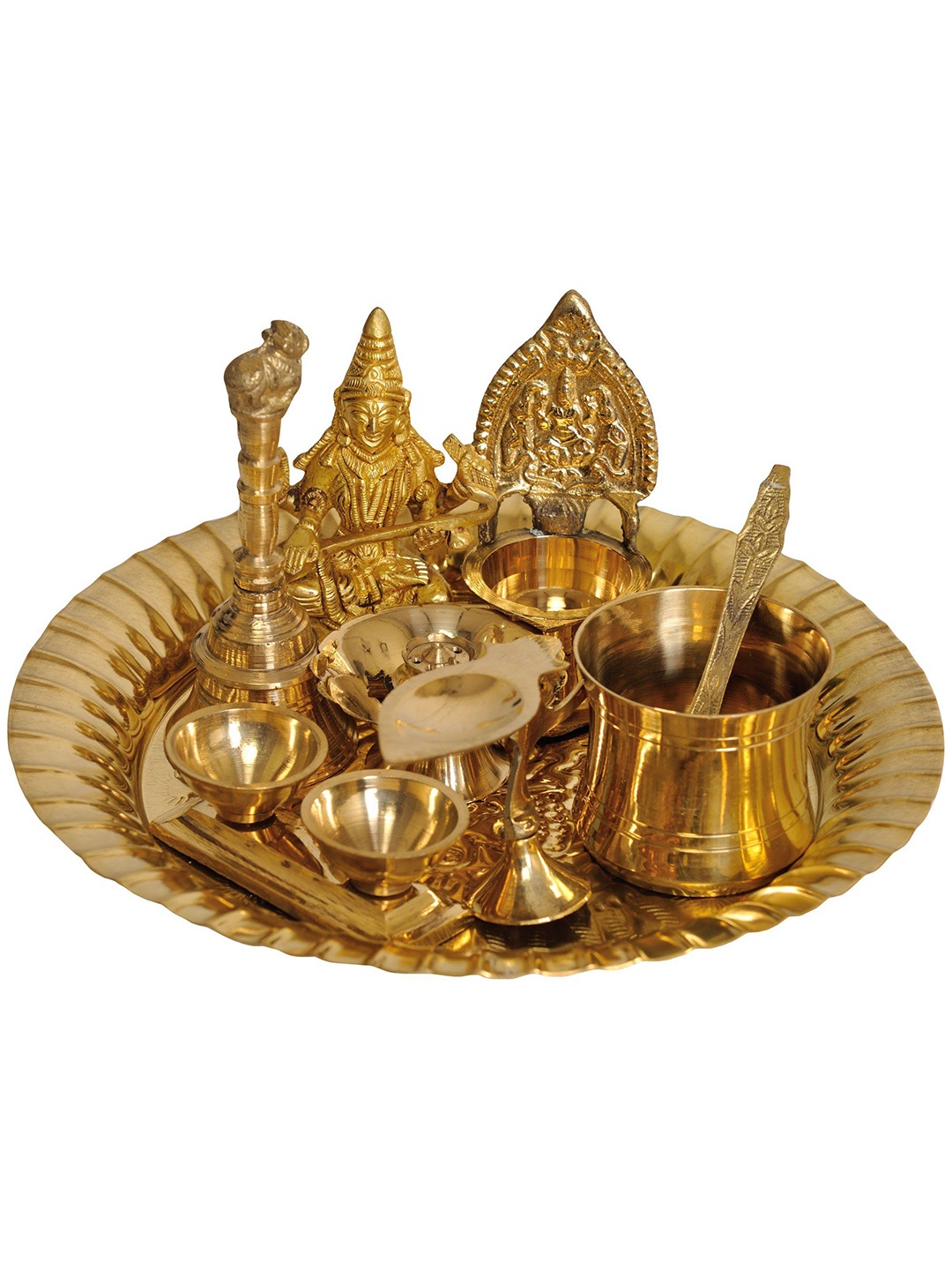 

Exotic India 8" Saraswati ji Puja Thali with Lakshmi Ji Diya in Brass - Made in India, Gold