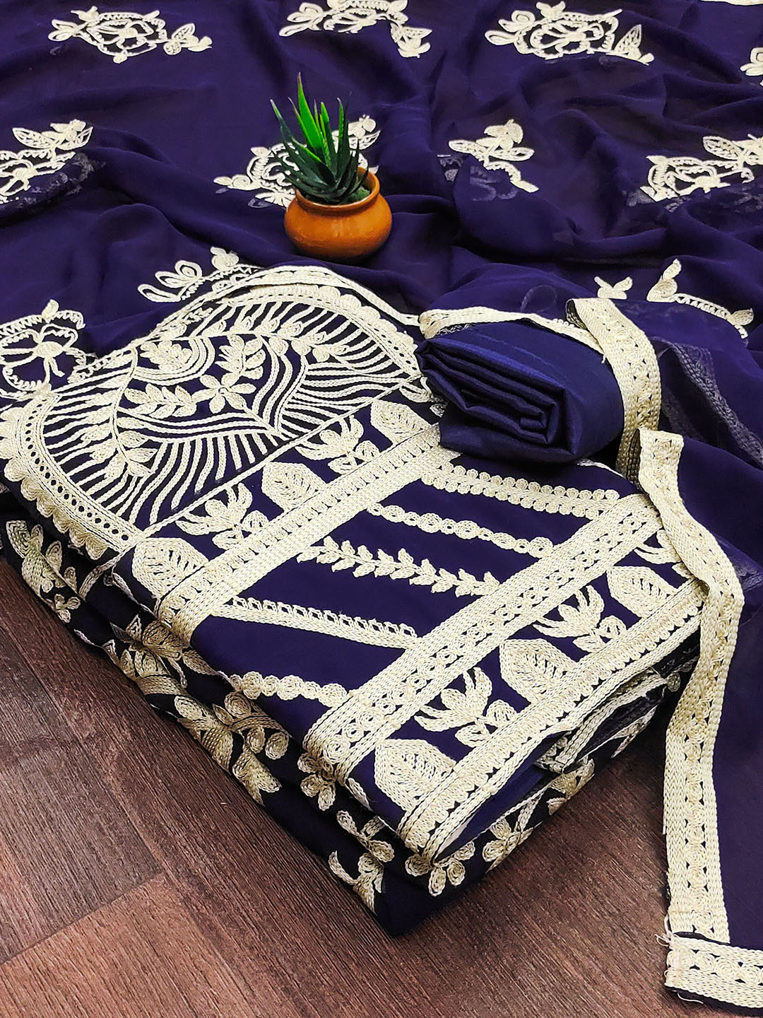 

MANVAA Floral Embroidered Unstitched Dress Material, Navy blue