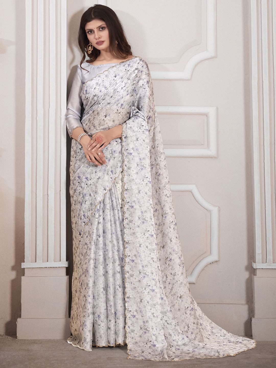

Anouk Floral Beads and Stones Satin Saree, Grey