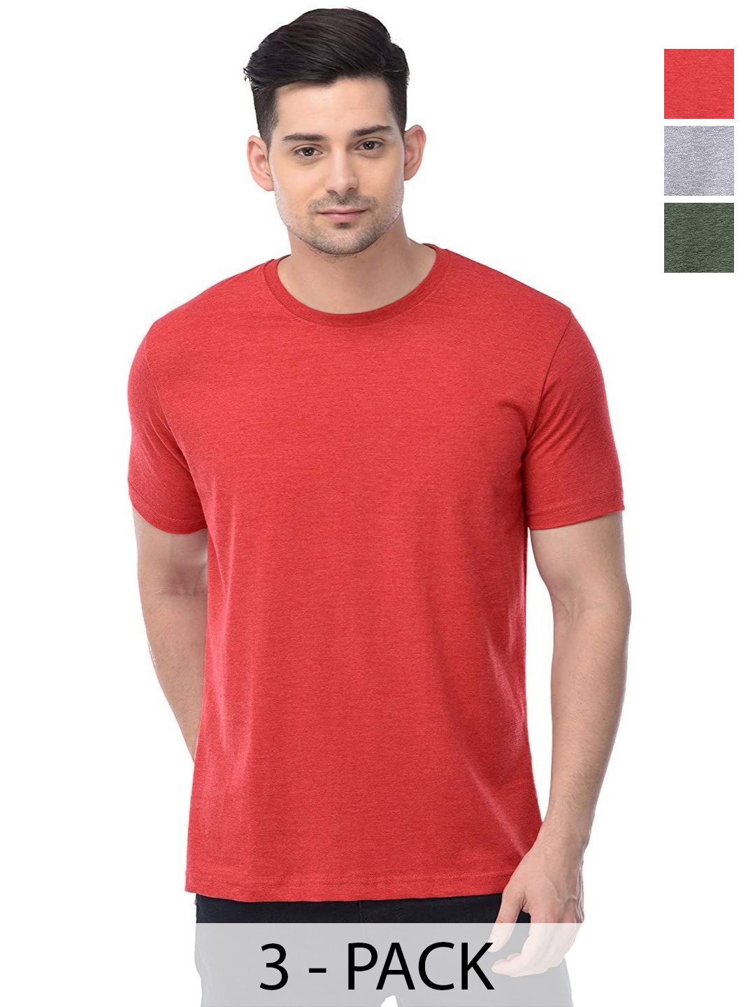 

COLOR CAPITAL Unisex Pack Of 3 Solid Round Neck Cotton T-shirts, Red