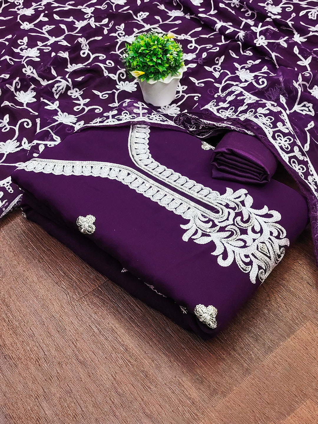 

MANVAA Floral Embroidered Unstitched Dress Material, Purple
