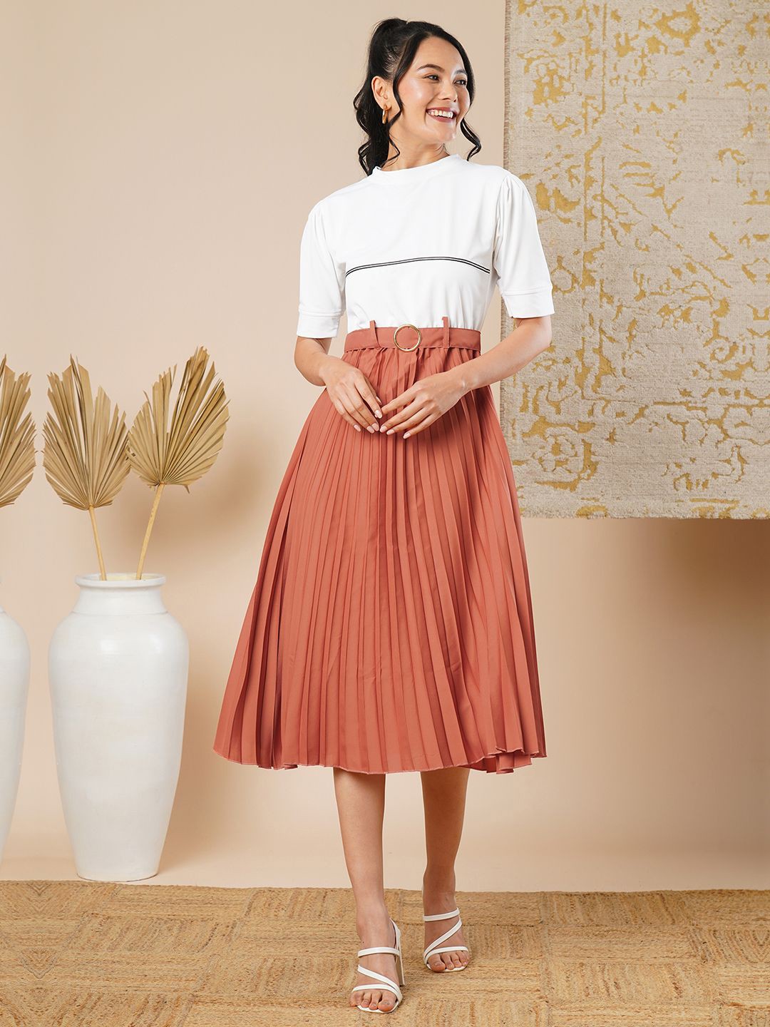 

CARTYSHOP Women's Round Neck Short Sleeve Fit & Flare Midi Dress, Orange