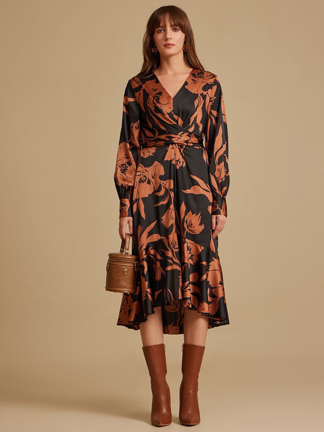 

Kazo Floral Printed Satin Fit and Flare Midi Dress, Rust